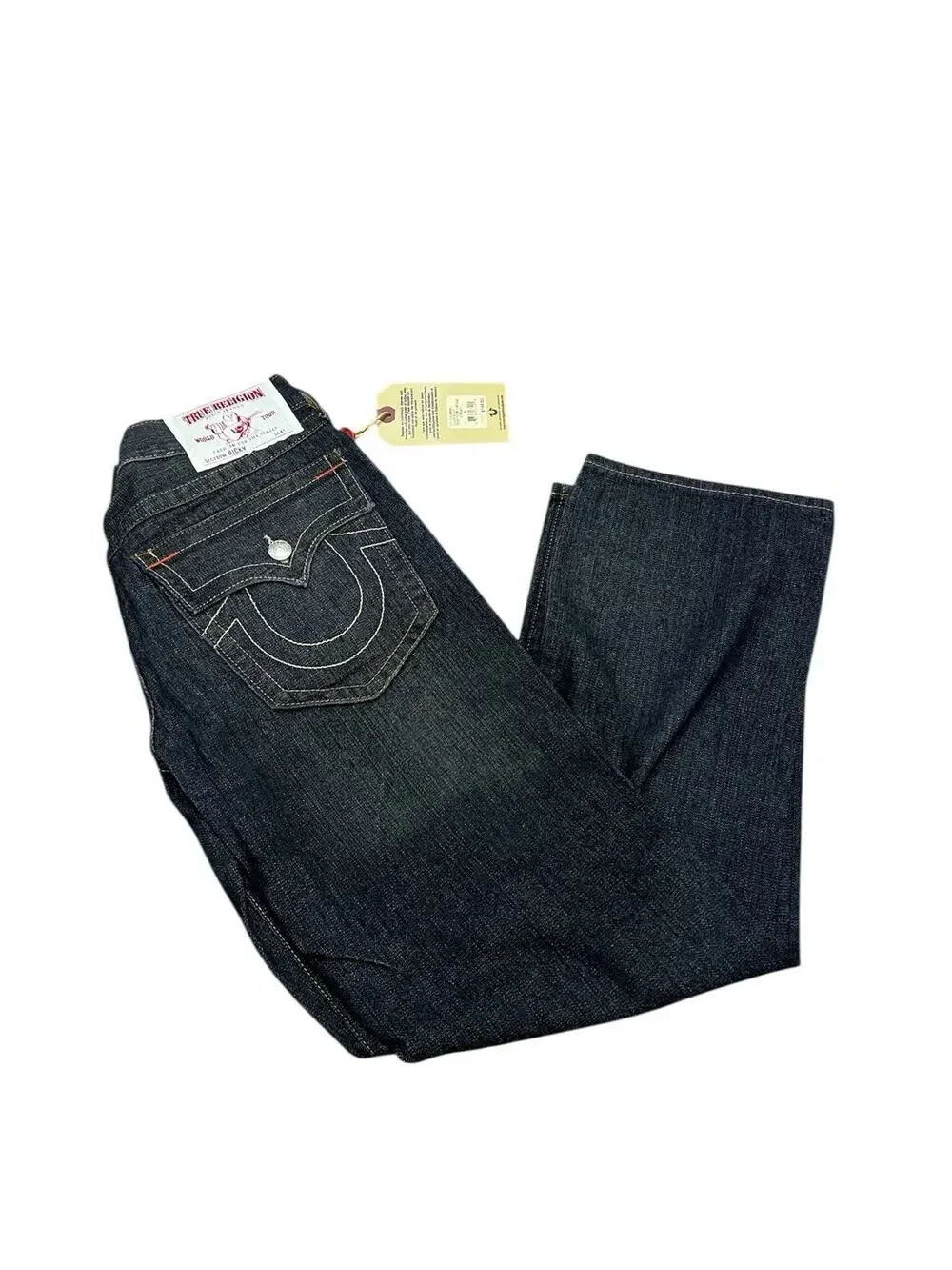 New True Religion Black Straight Ricky Jeans USA 34 Big T Flap Y2K